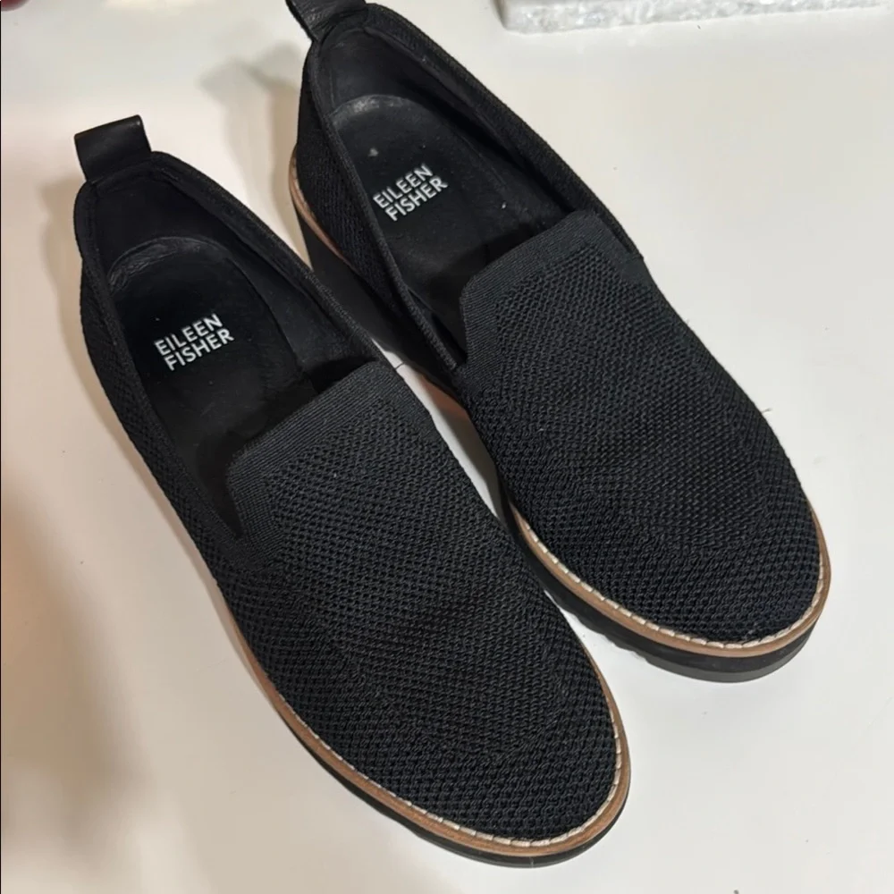 Eileen Fisher Black Knit Wedge Slip-On Loafers